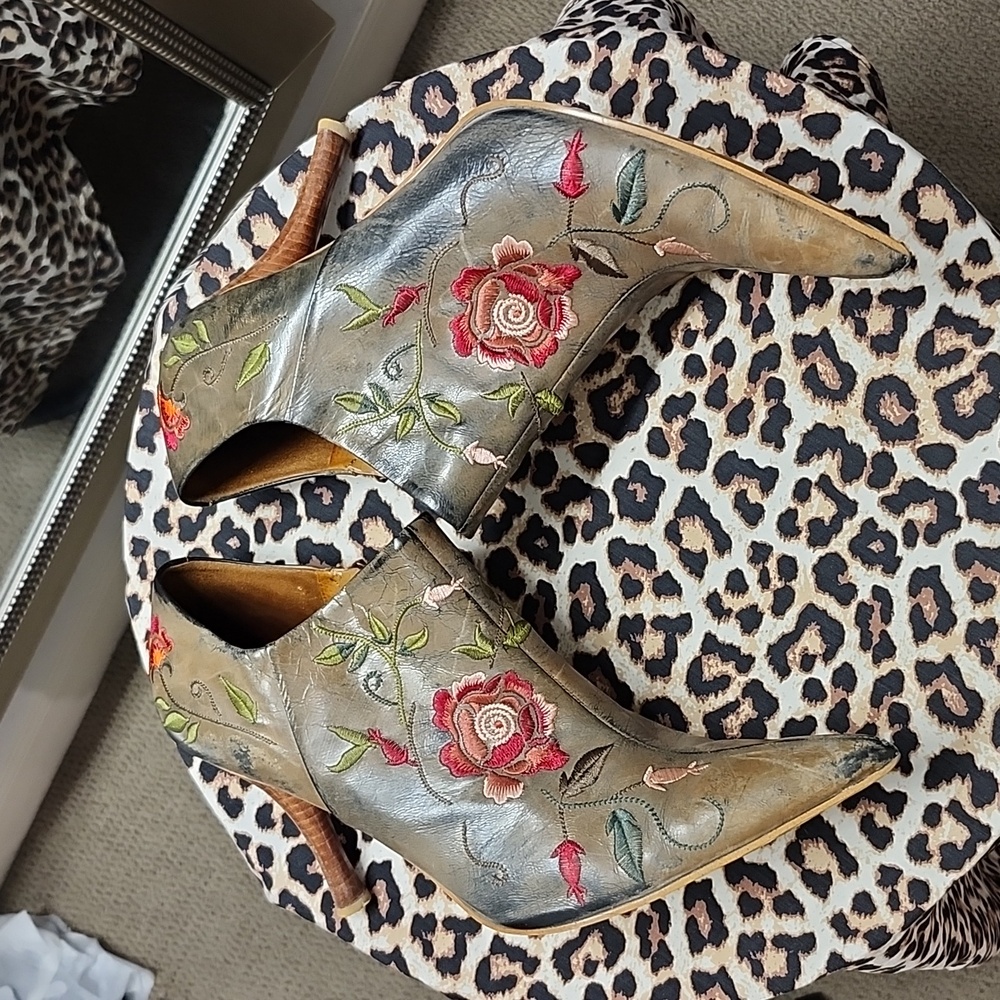 Nine West Leather Embroidered Floral Ankle Boots